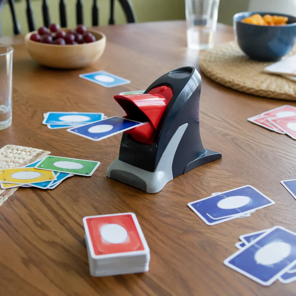 Motorized card game launcher with colorful cards during play