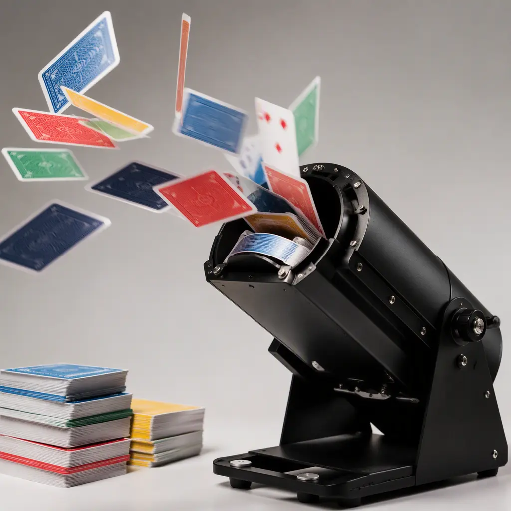 Close-up of cards launching from a motorized family game device