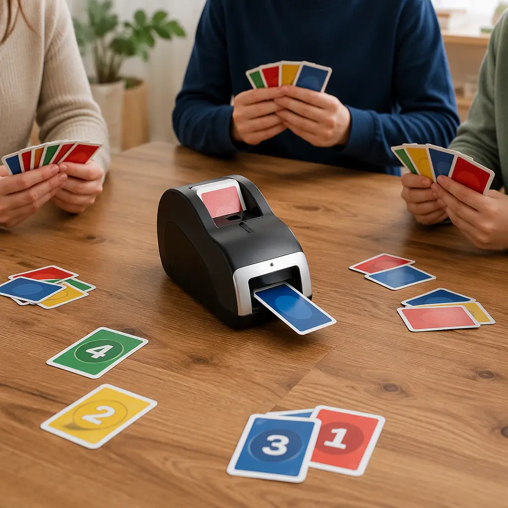 Motorized card launcher family card game with colorful cards spread across a table