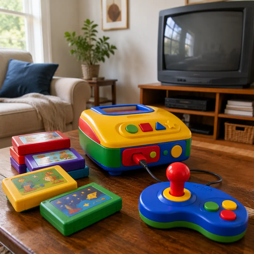 An educational children's game console with cartridges and a joystick controller in a family living room.