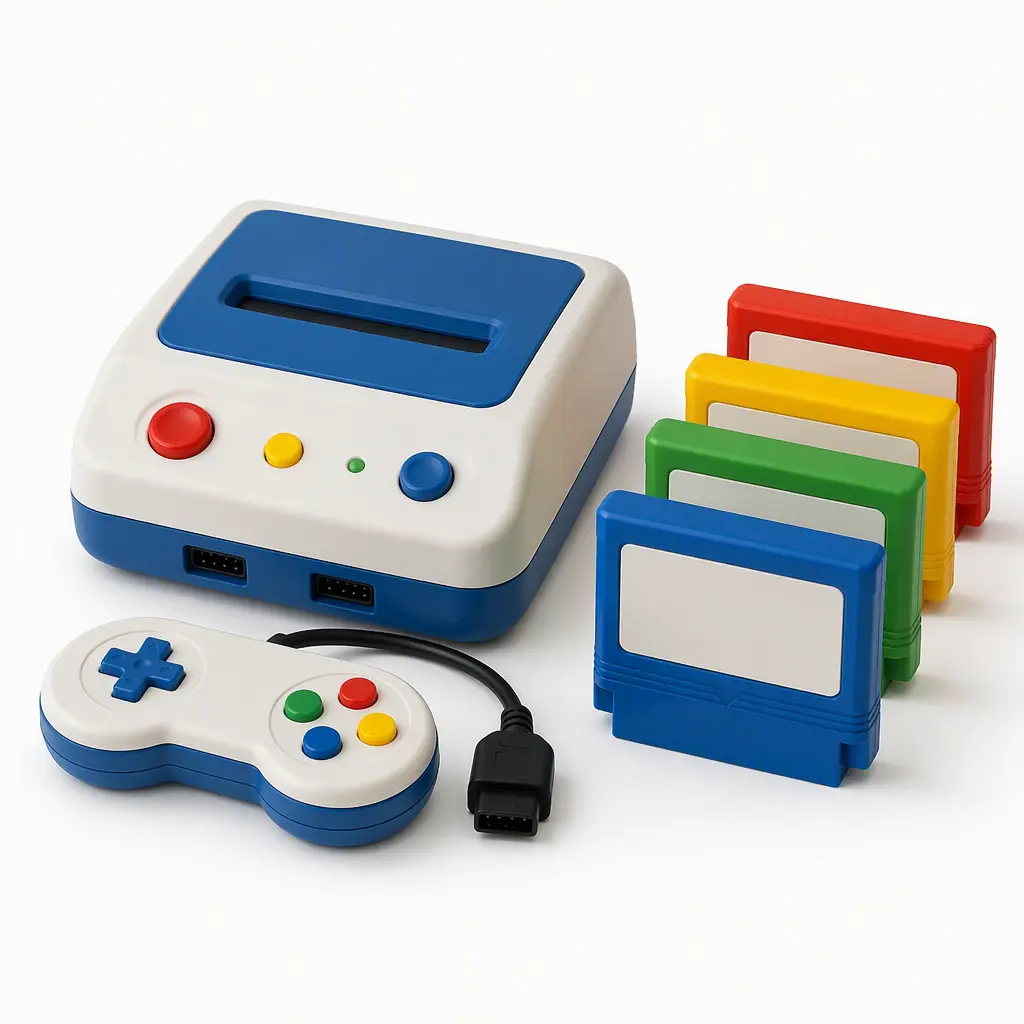A retro children's learning game console with colorful cartridges displayed in a studio setting.
