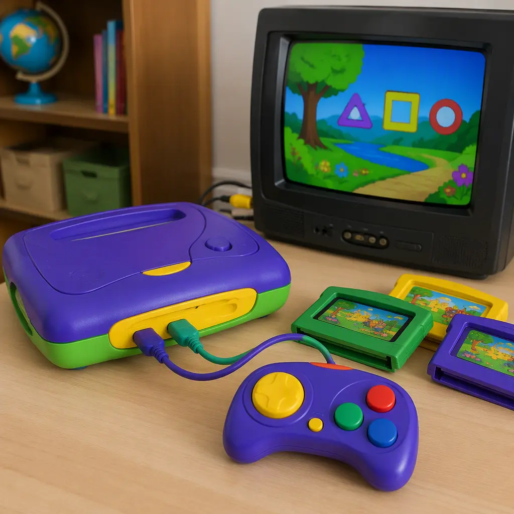 A colorful children's learning game console with oversized controls connected to a television.
