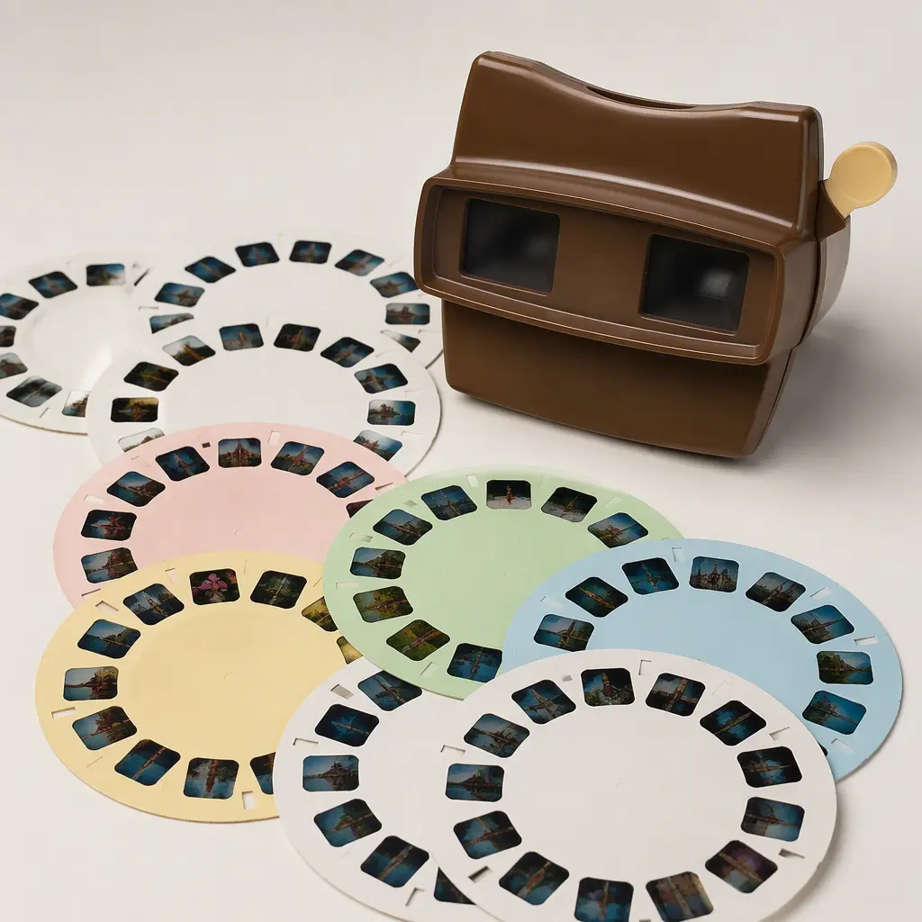 Colorful stereo image reels arranged beside a handheld viewer