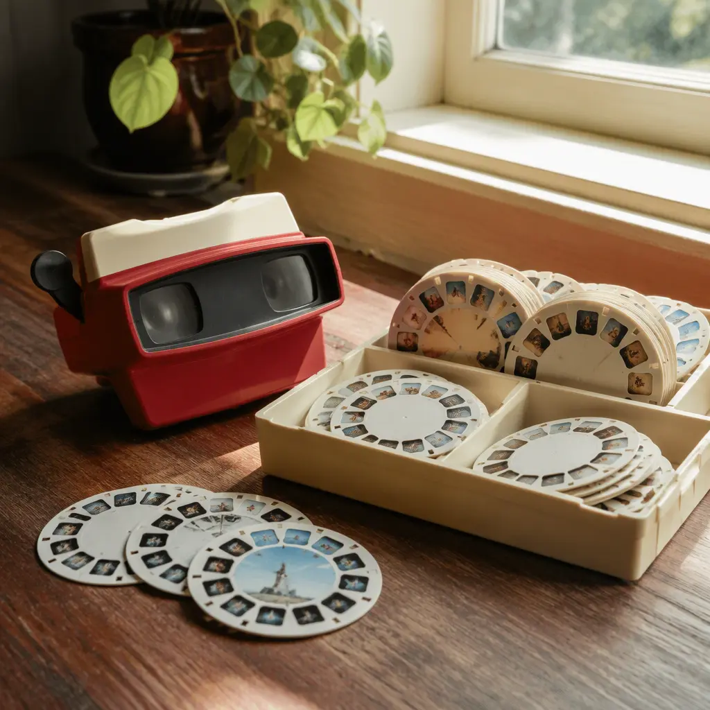 Retro stereo viewer and assorted image reels near a sunny window