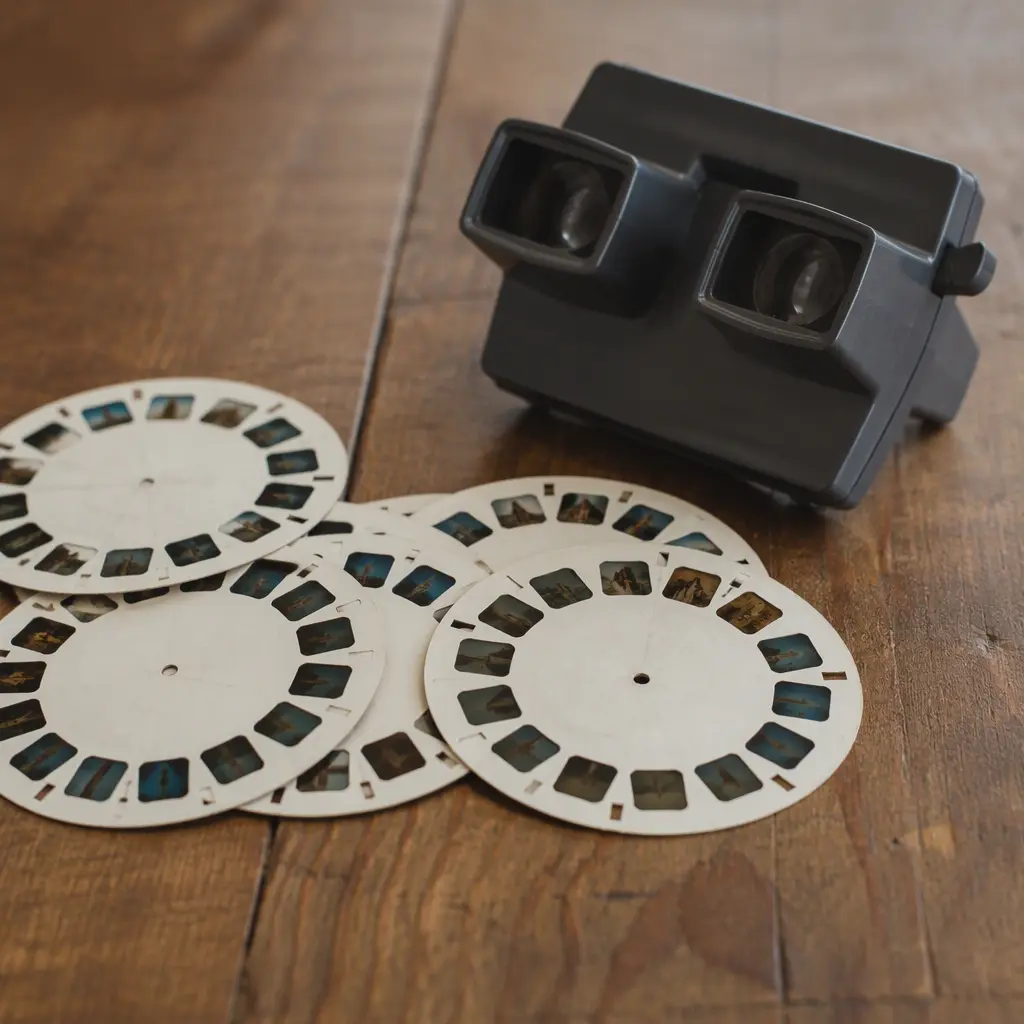 Vintage-style 3D image reels beside a handheld stereo viewer on a wooden table