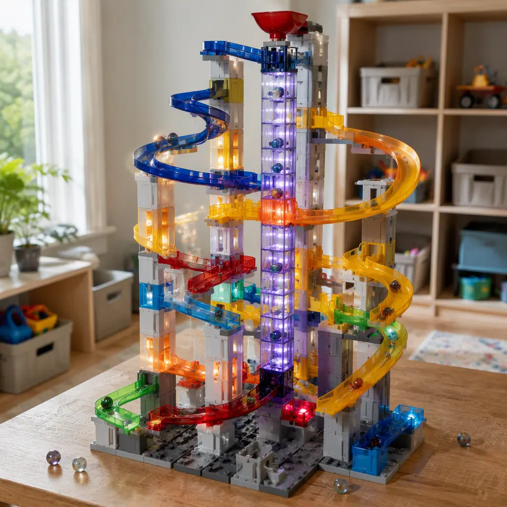 Large modular marble run with colorful tracks and electronic features in a bright playroom