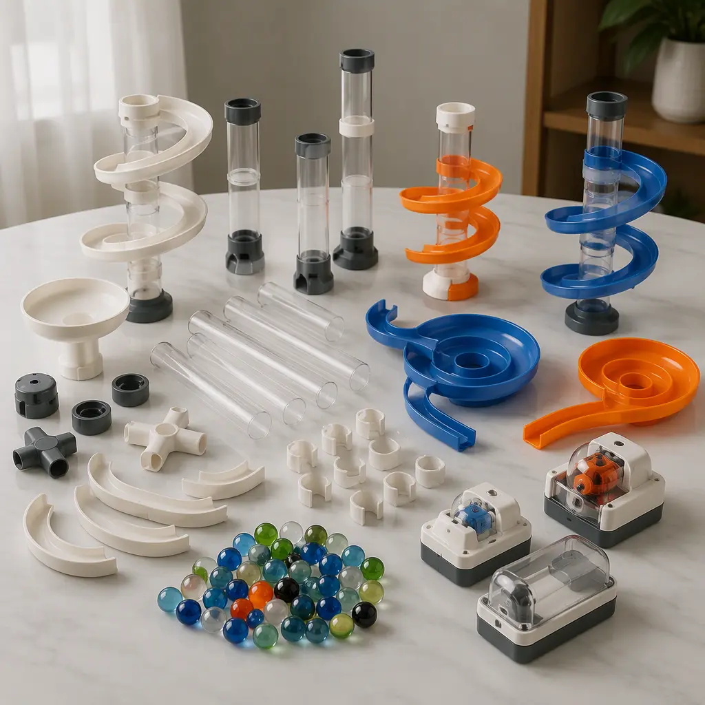 Assorted modular marble run pieces and marbles arranged on a tabletop