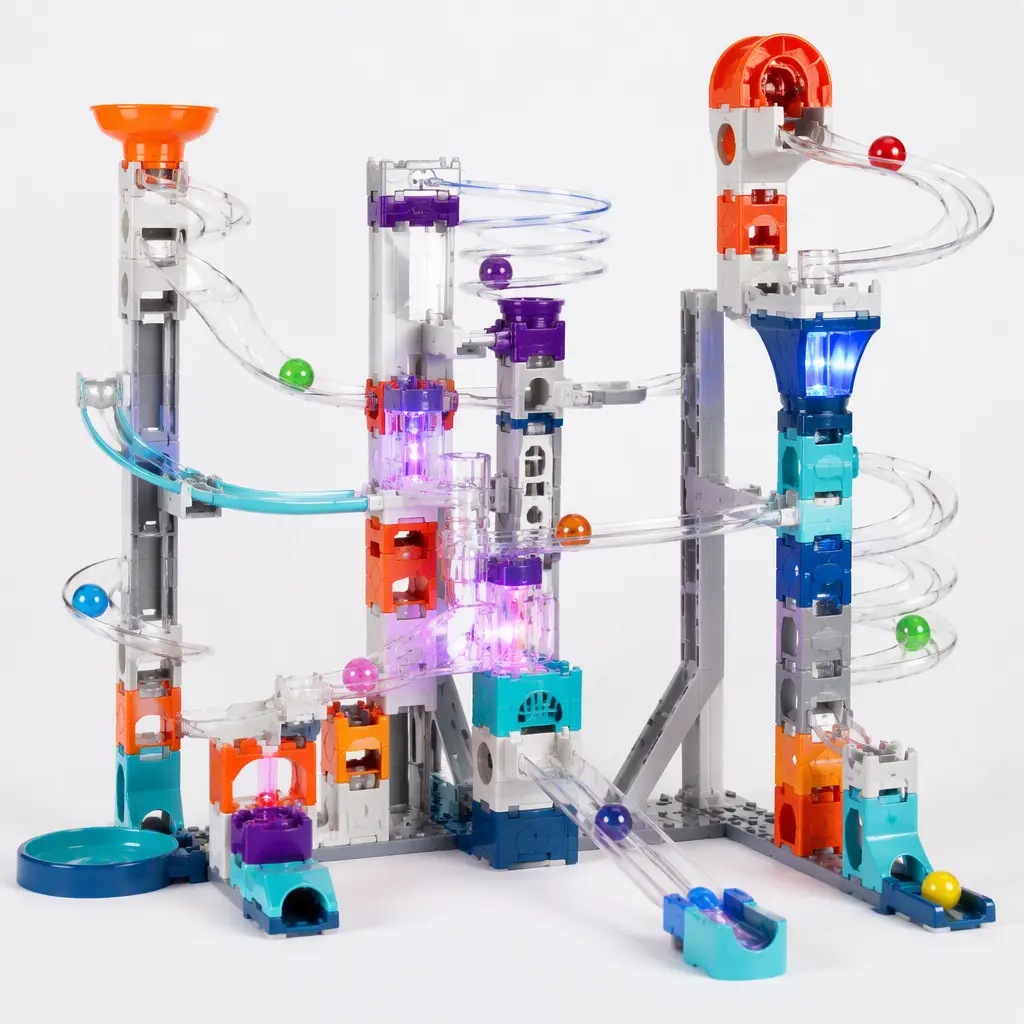 Colorful electronic marble run with glowing track sections and moving marbles in a studio setting