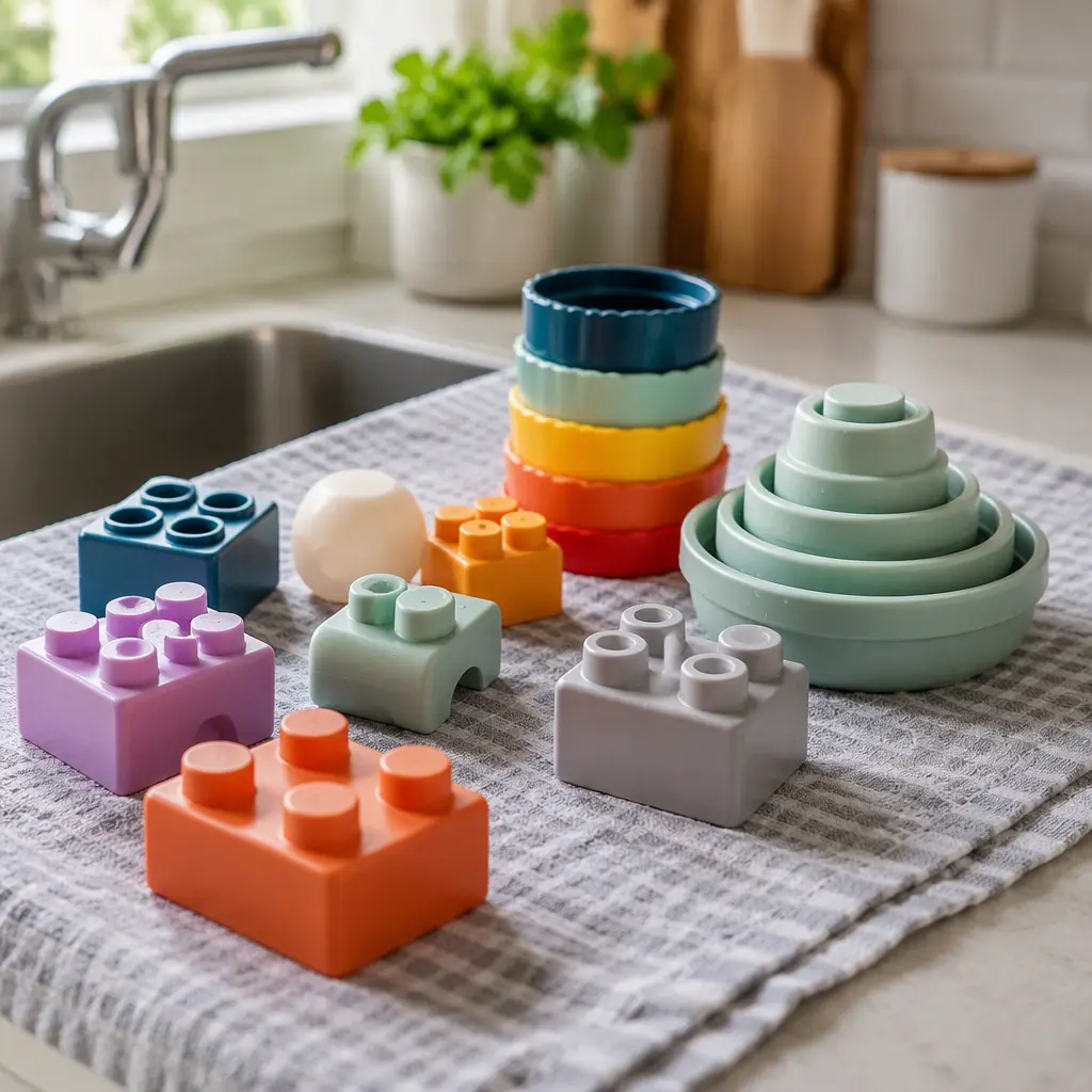 Easy-clean toddler construction toys drying beside a sink