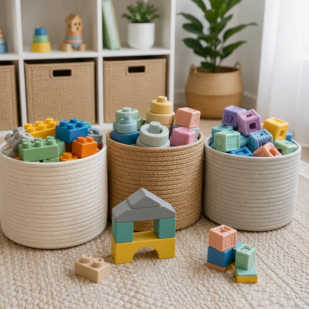 Toddler building toys stored in baskets in a bright playroom