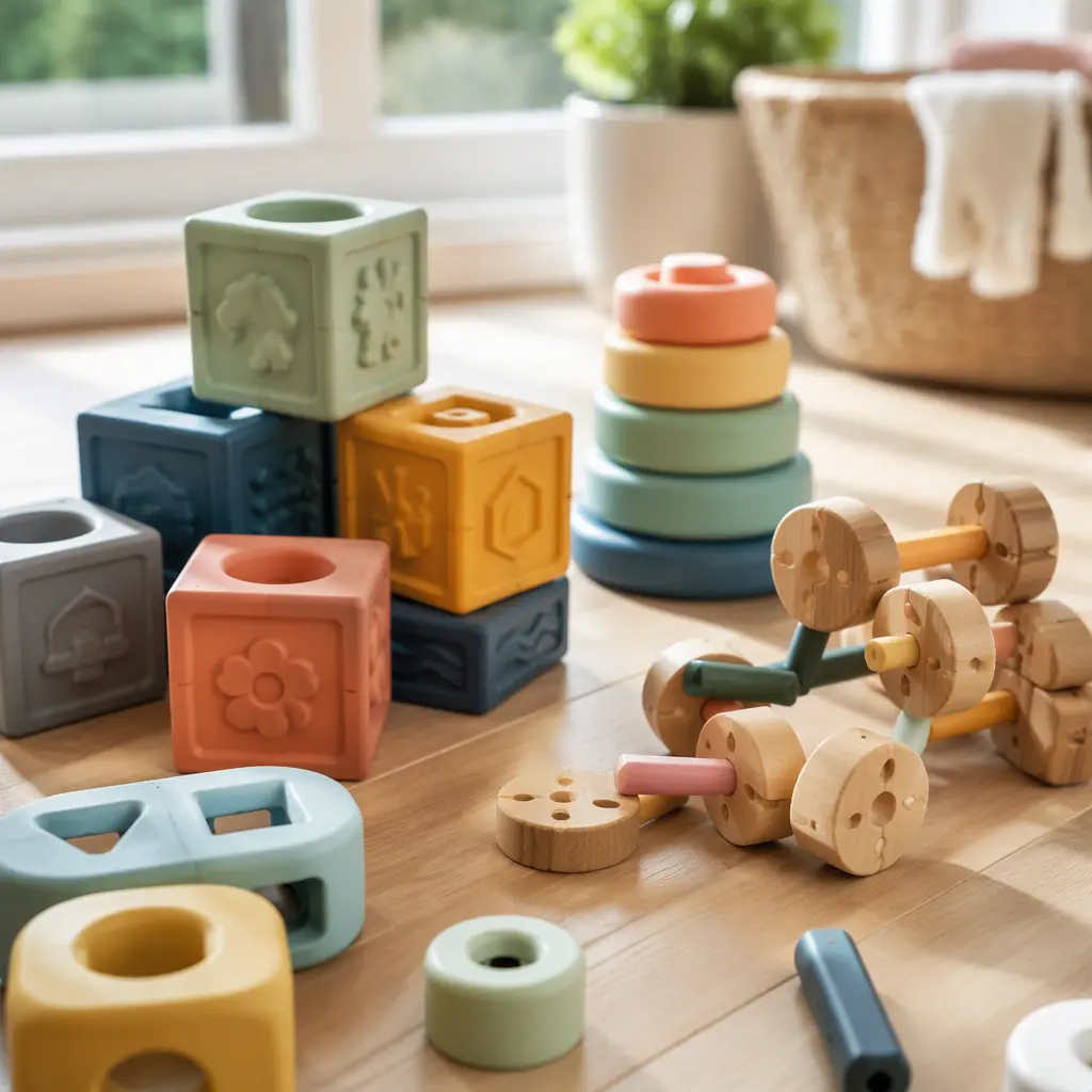 Washable toddler building toys on a wooden floor in natural light
