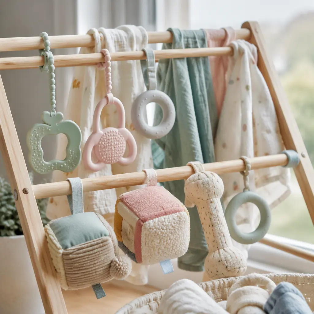 Washable baby sensory toys drying near a sunny window