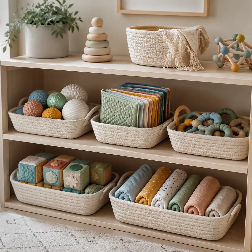 Organized washable sensory toys stored on nursery shelves