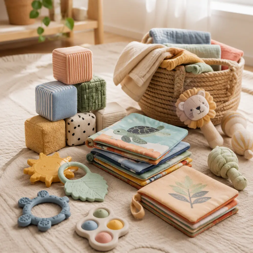 Washable sensory toys for babies on a soft play mat in natural light
