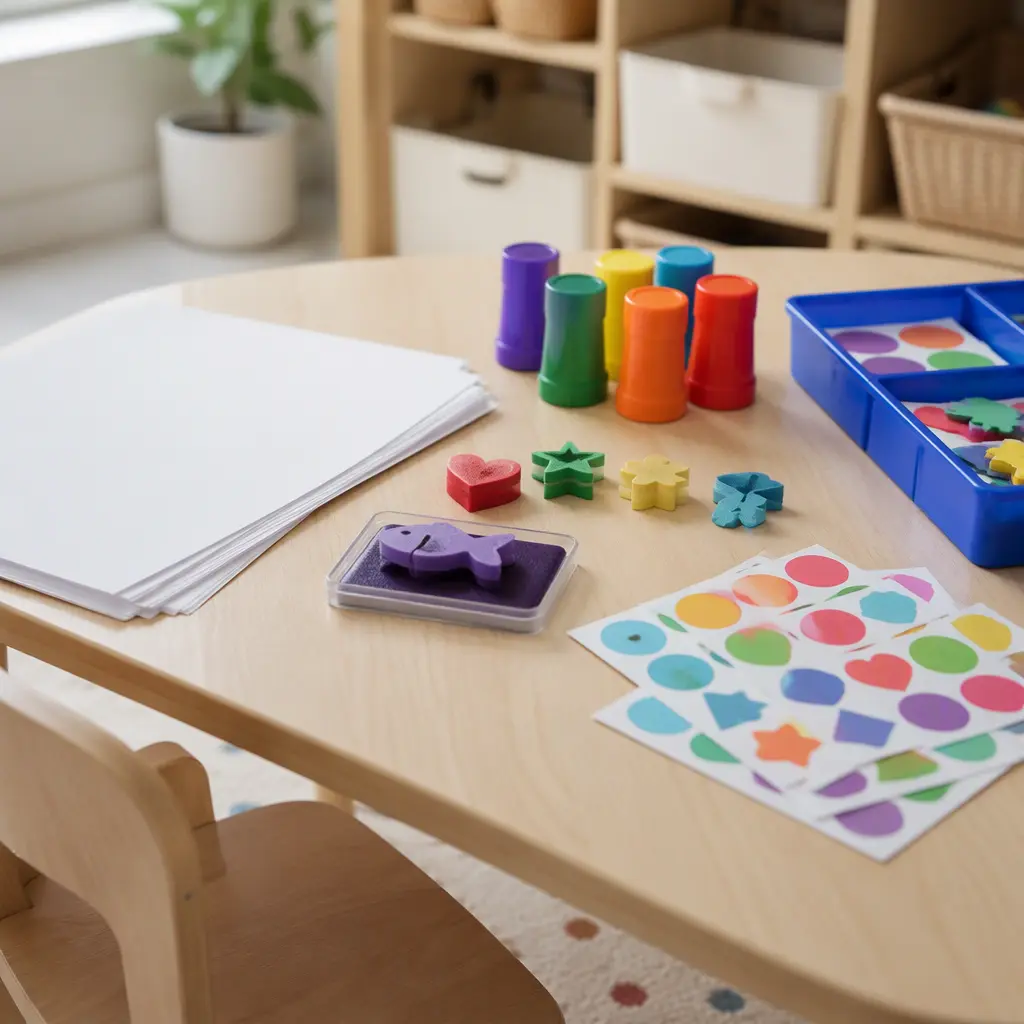 Organized preschool craft supplies with stamps and reusable stickers