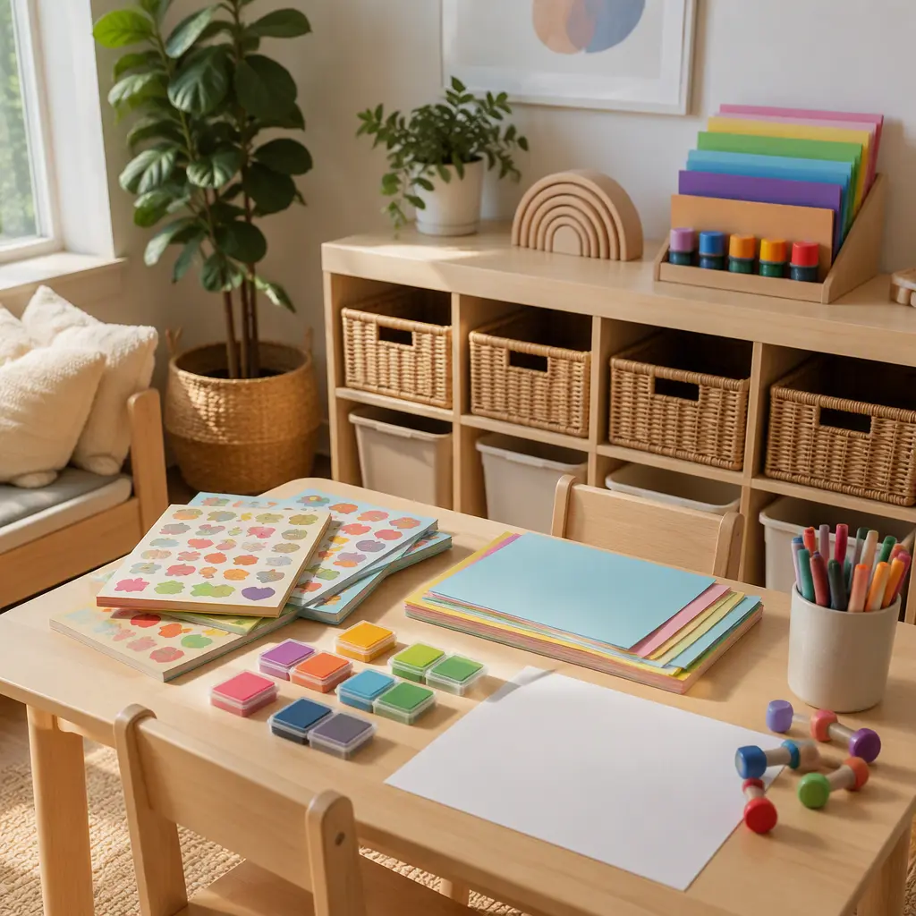 Preschool craft corner with sticker books and washable stamp supplies