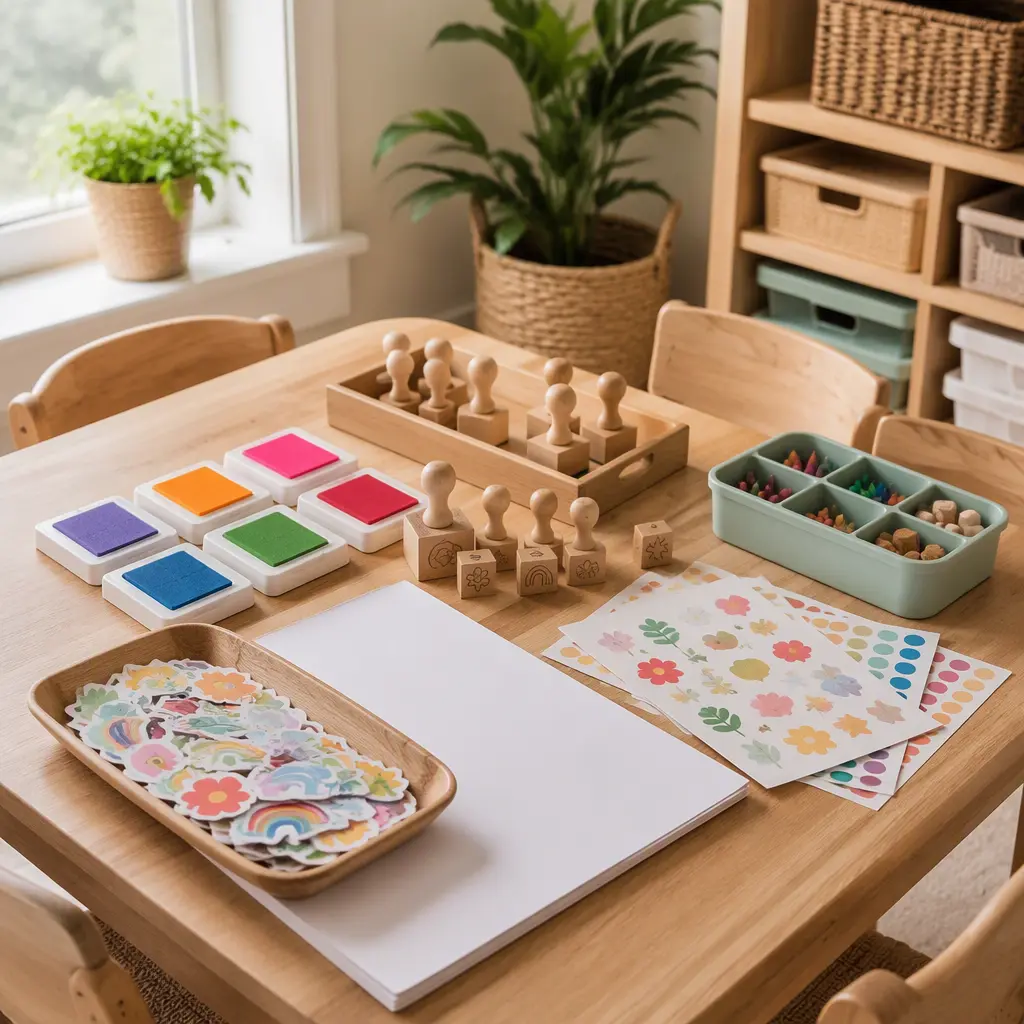 Washable stamp sets and reusable sticker kits arranged on a preschool craft table