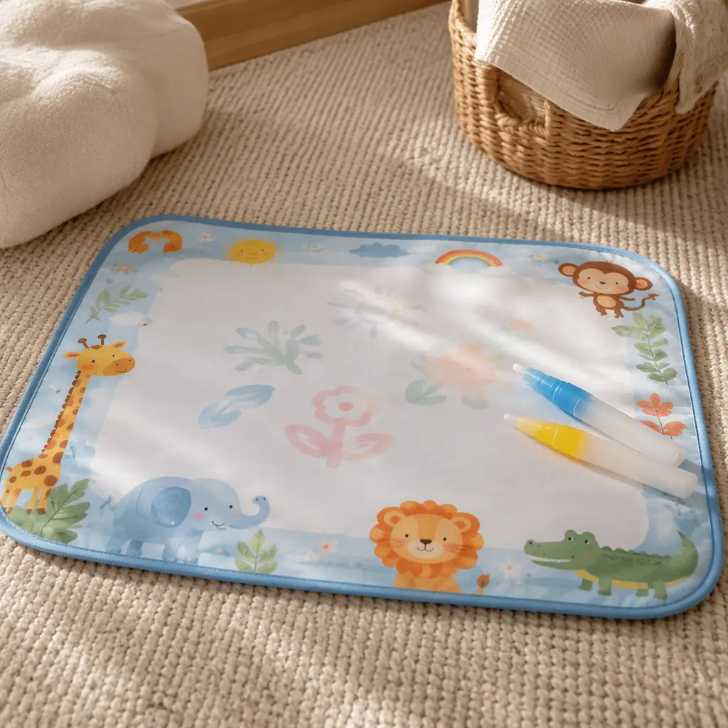 Reusable water drawing mat with water pens on a rug in natural light