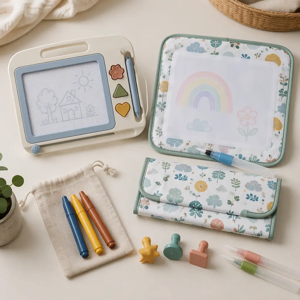 Magnetic drawing board and foldable water doodle mat arranged on a table