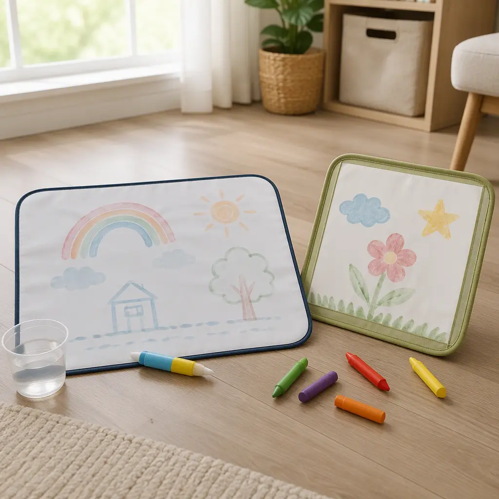 Reusable water drawing mat and toddler coloring board arranged on a wooden floor in soft daylight