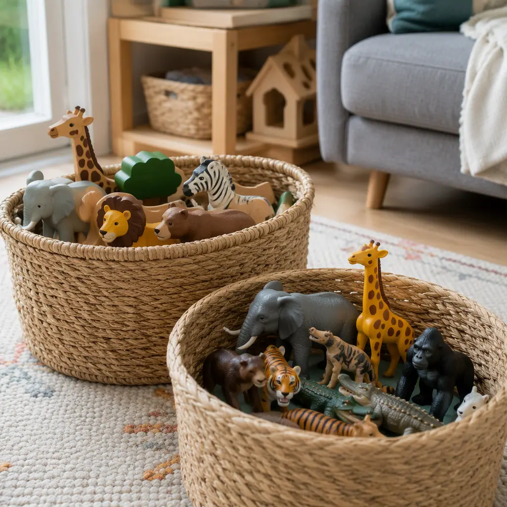 Wooden and plastic animal toys stored in baskets in a living room