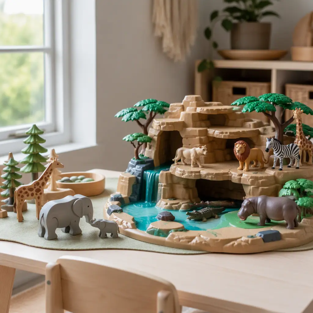 Wooden animal figures and a plastic safari play setup on a play table