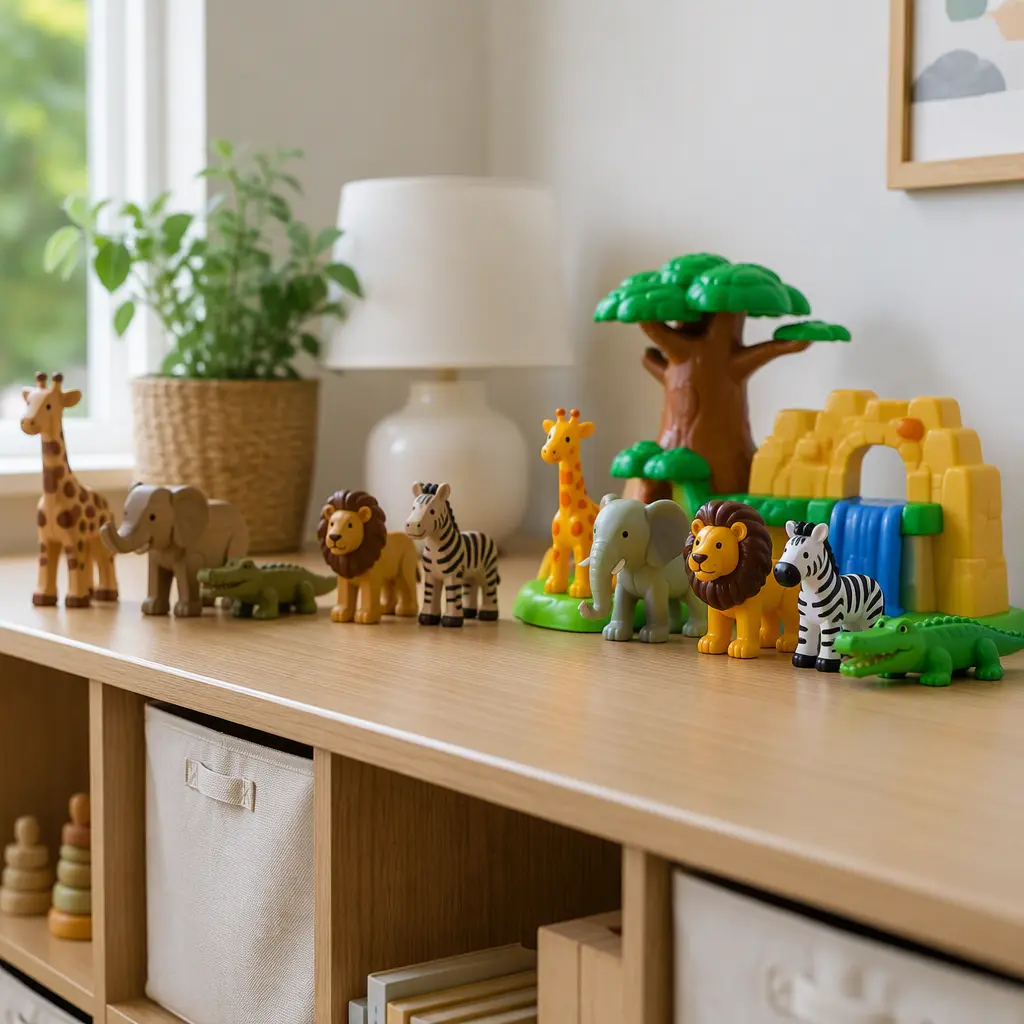 Wooden animal figures and plastic animal play sets arranged in a bright playroom