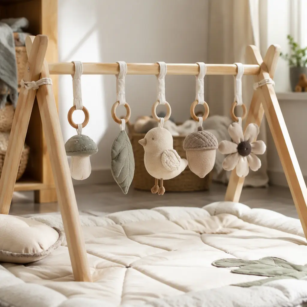 Minimal wooden baby gym over a soft play mat in natural light