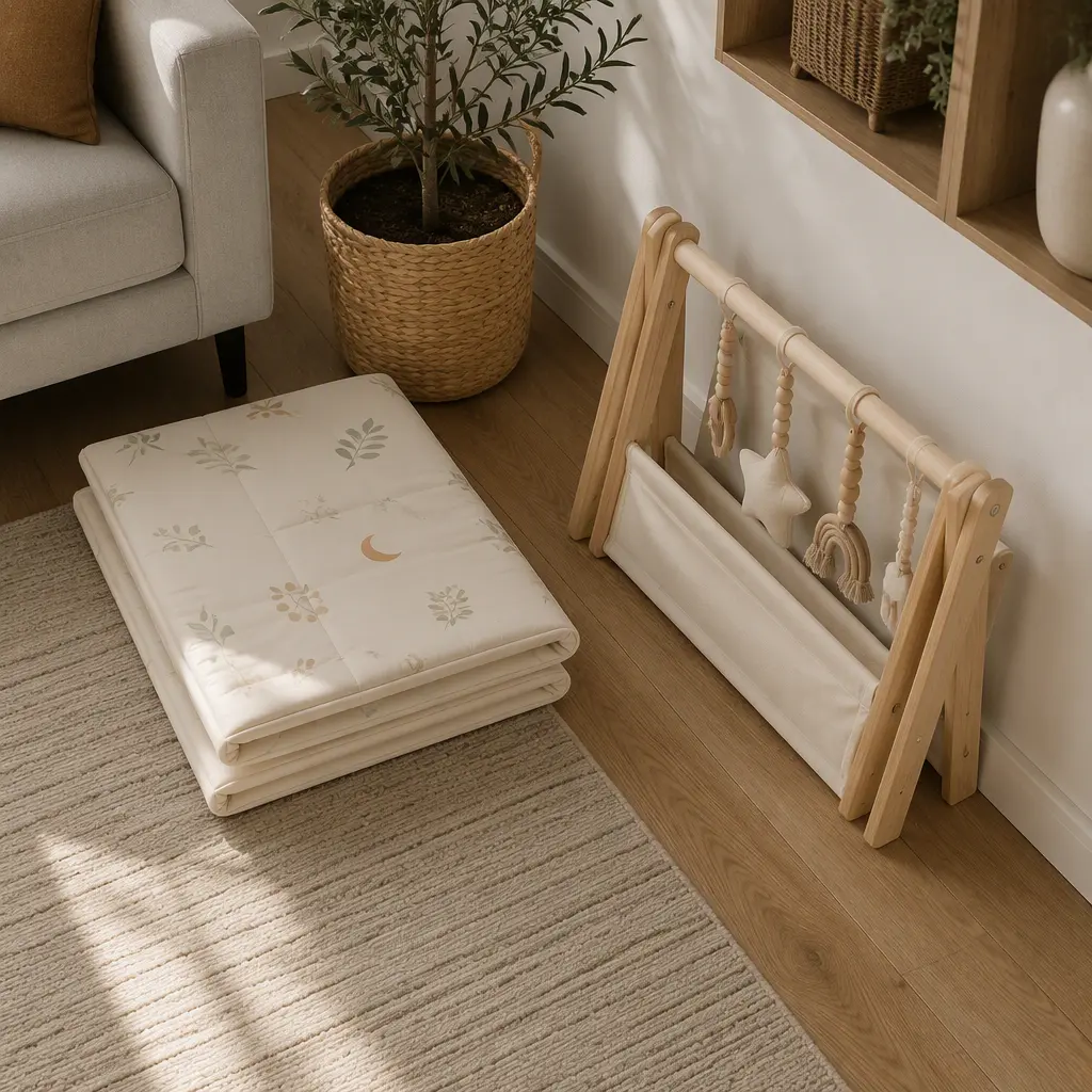 Folded fabric activity mat and wooden baby gym stored in a living room