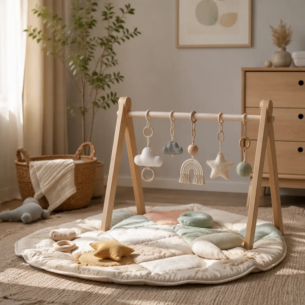 Wooden baby gym and fabric activity mat arranged in a softly lit nursery