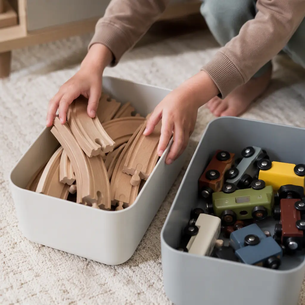 Wooden tracks and magnetic train pieces sorted into storage bins