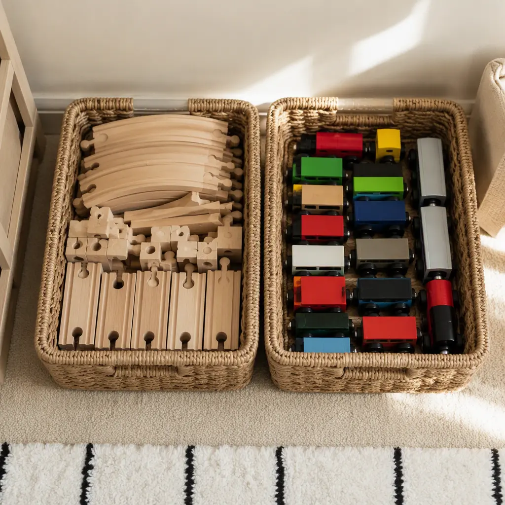 Wooden tracks and magnetic trains stored neatly in baskets