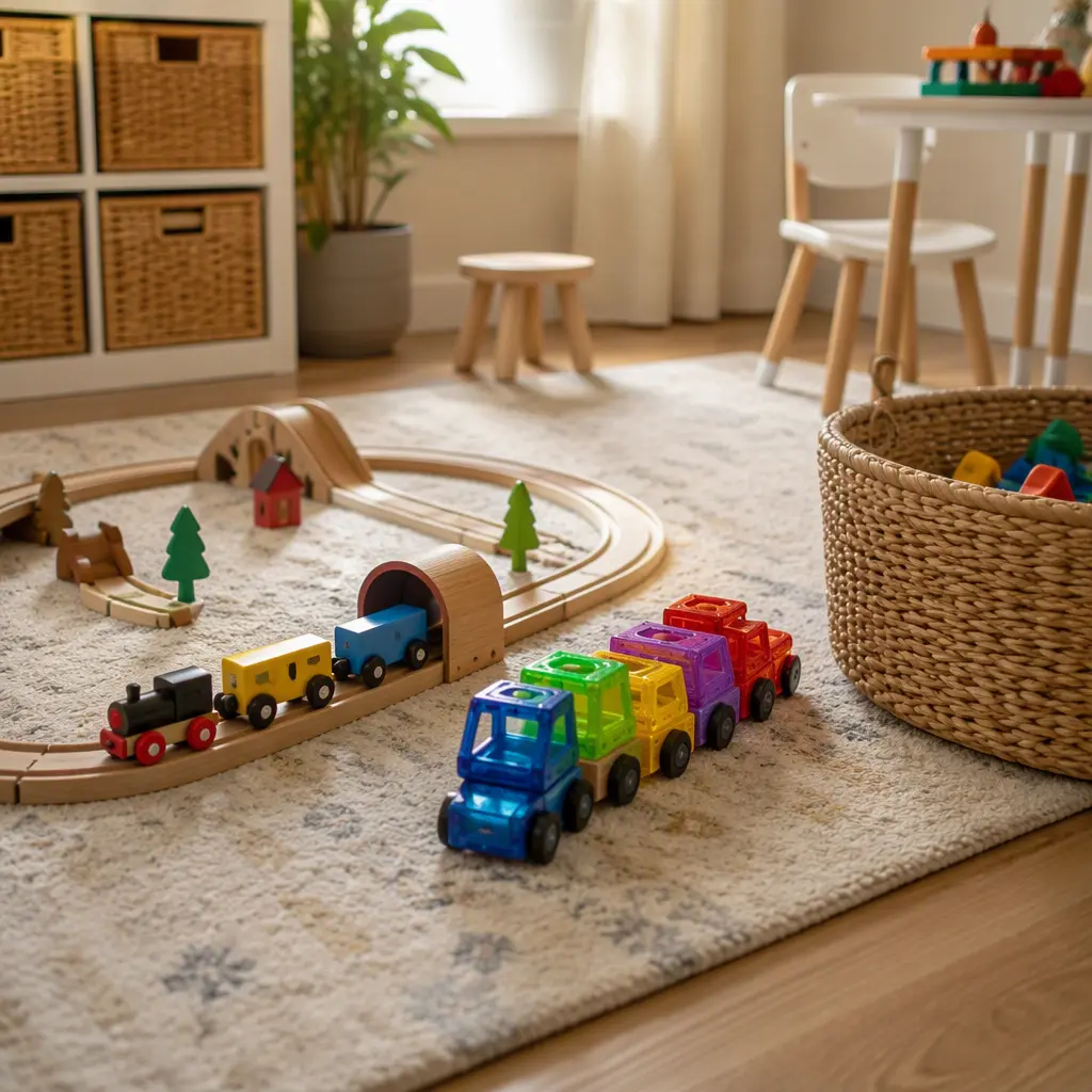 Wooden and magnetic train toys arranged neatly in a bright playroom