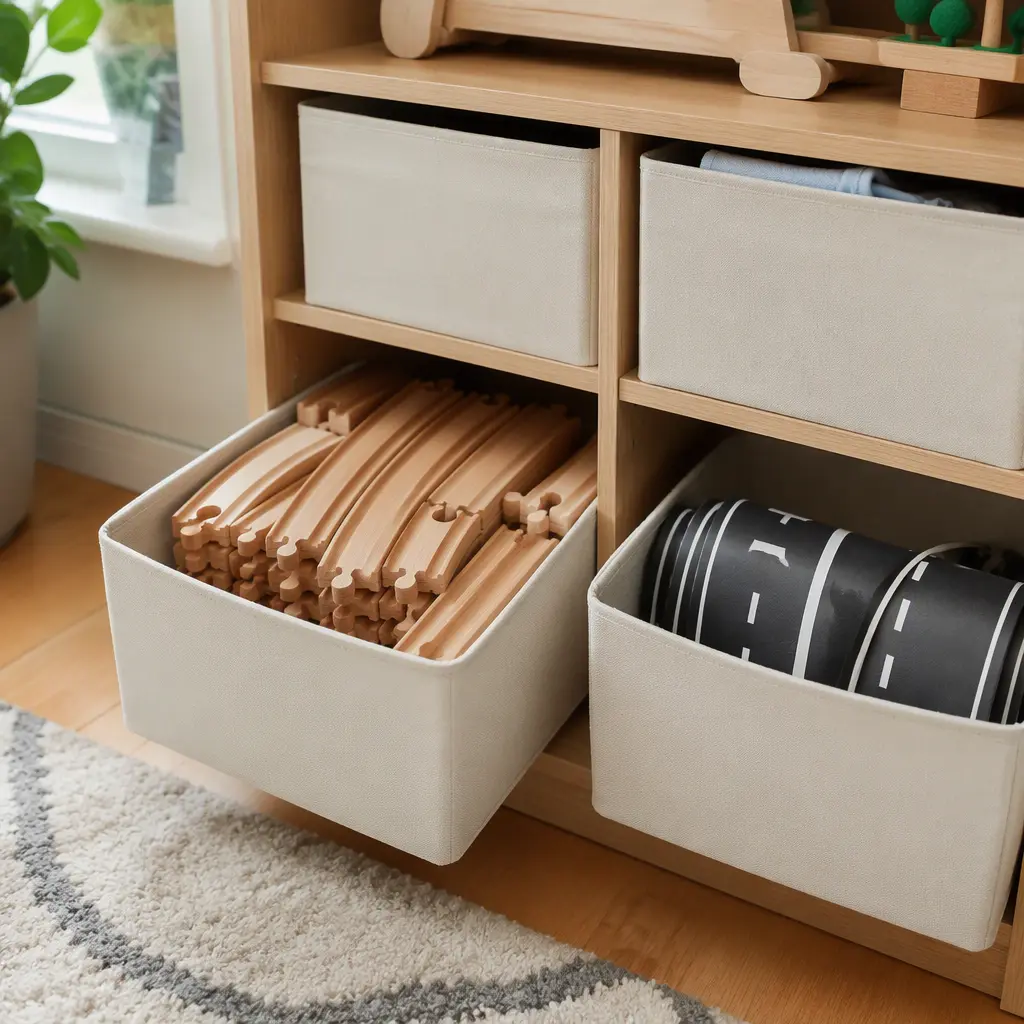Wooden train track pieces and removable road tape stored neatly in apartment shelving