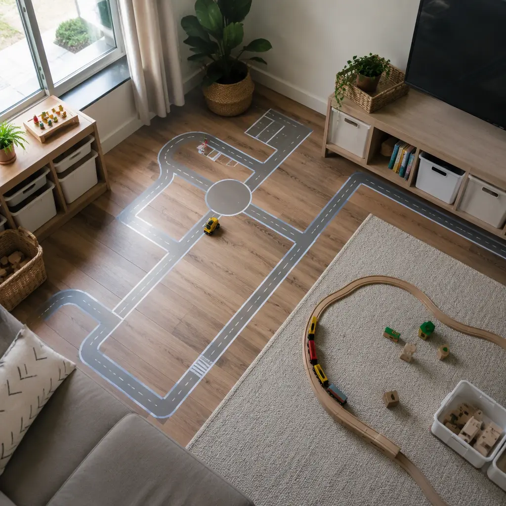 Compact apartment play area featuring tape roads and a small wooden train loop