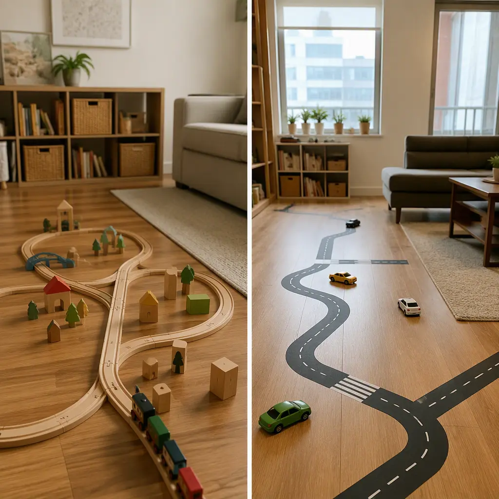 Wooden train tracks and removable tape roads set up in a small apartment living room