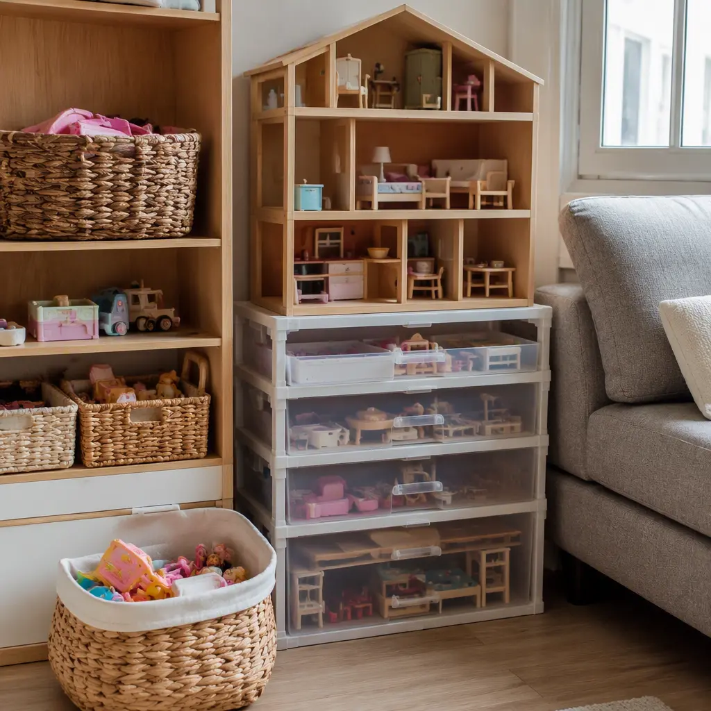 Compact dollhouse storage setup in a small apartment