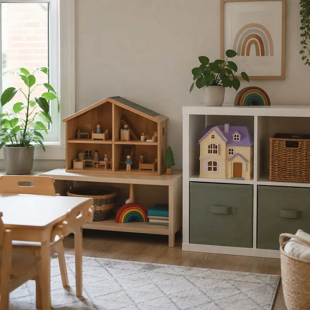 Small preschool play corner with wooden and plastic dollhouses