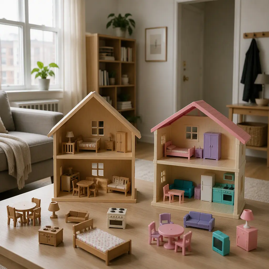 Wooden and plastic dollhouses displayed in a small living room with soft natural light