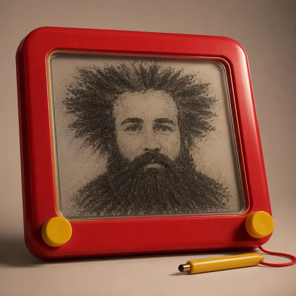 Retro magnetic drawing toy with a stylus creating funny facial hair patterns
