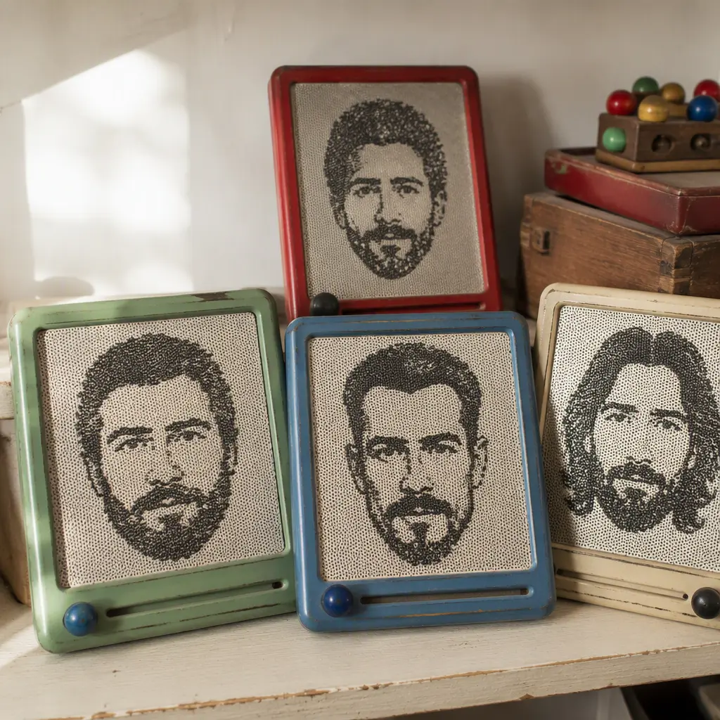 Collection of magnetic face drawing toys with different facial hair designs
