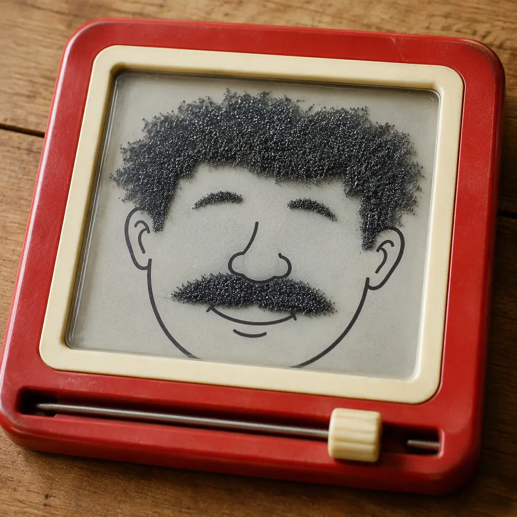 Vintage-style magnetic beard drawing toy with movable iron filings arranged into funny hairstyles