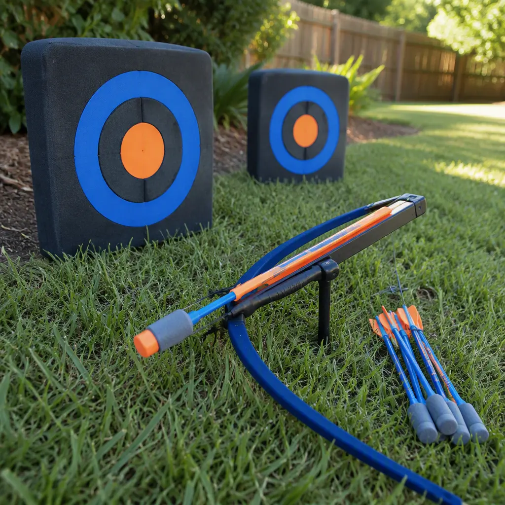 Foam-powered outdoor launcher toys arranged beside foam arrows on grass