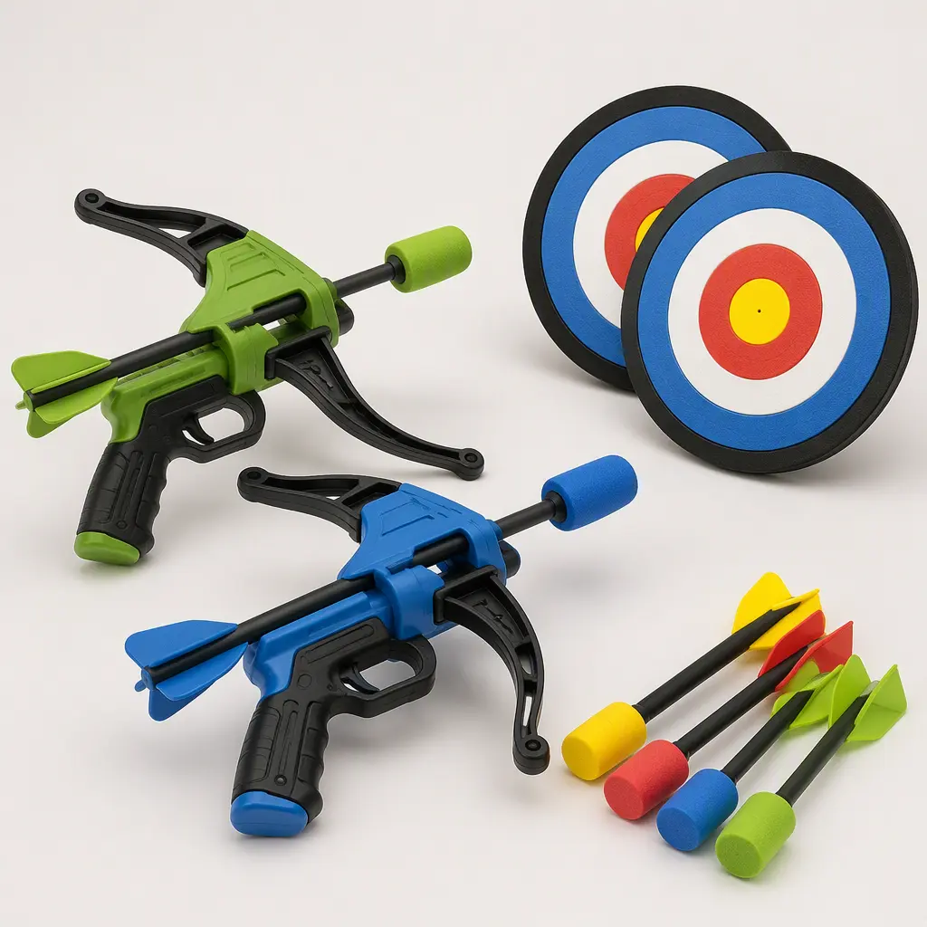 Foam-powered launcher toys with practice targets and foam arrows