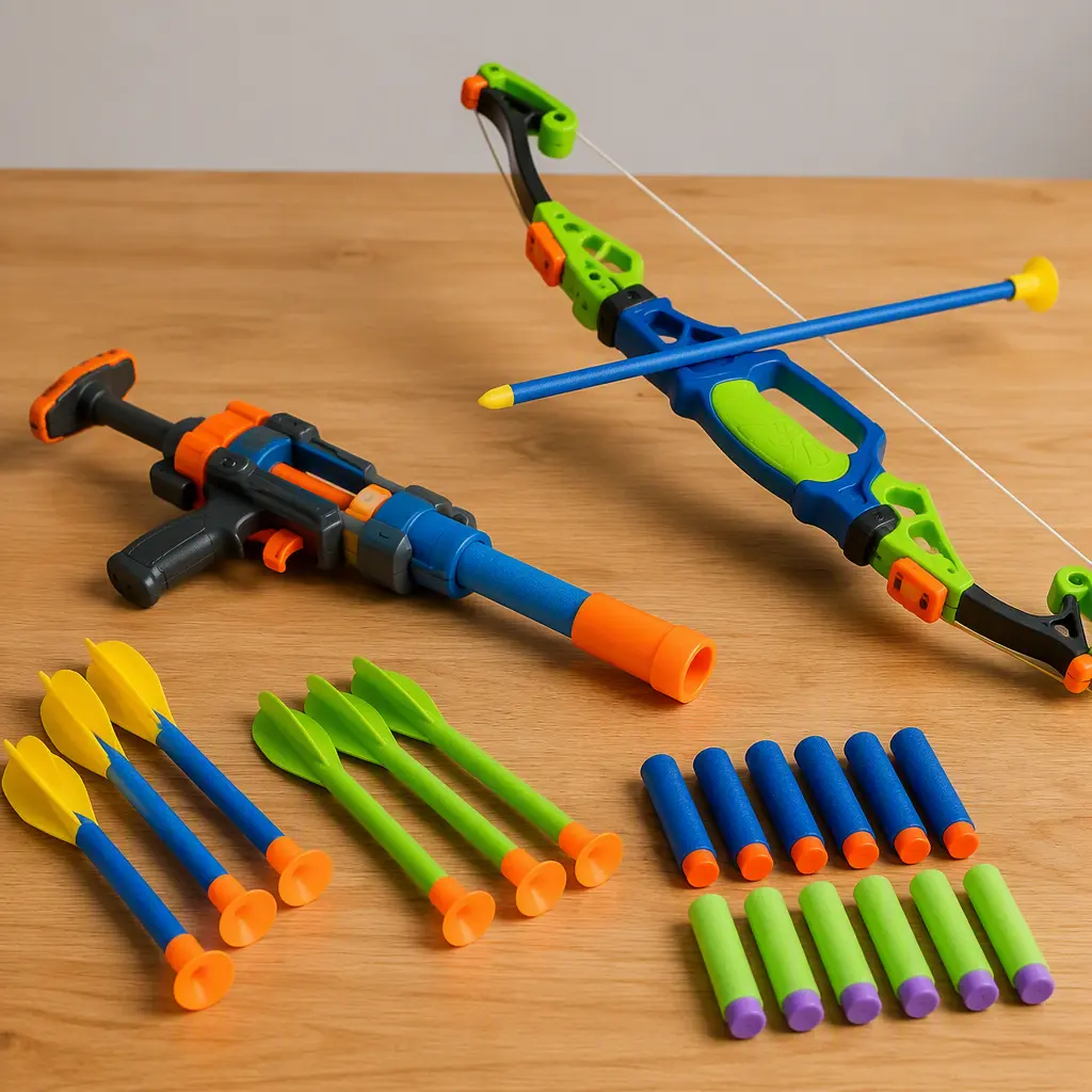 Foam-powered bow and launcher toys with soft foam projectiles displayed on a table