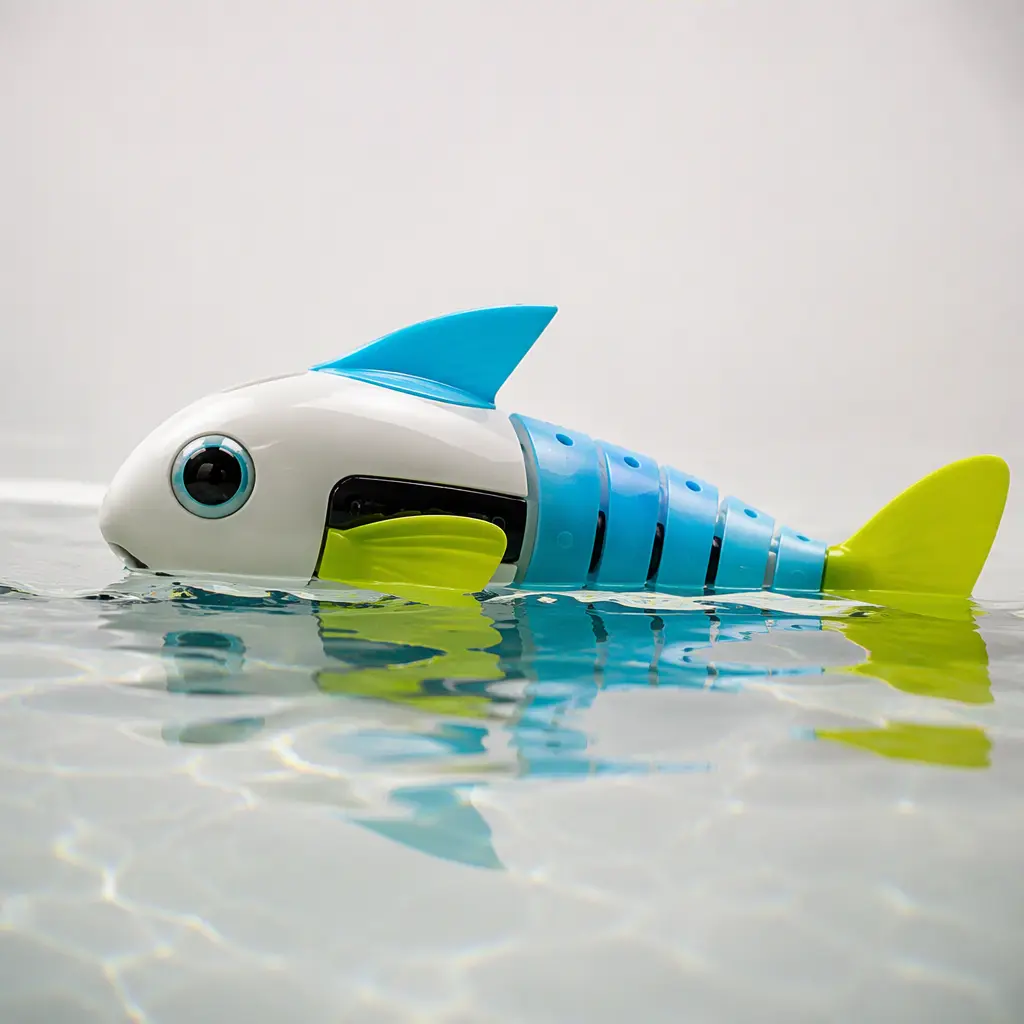 A colorful robotic fish toy floating in shallow water with gentle ripples