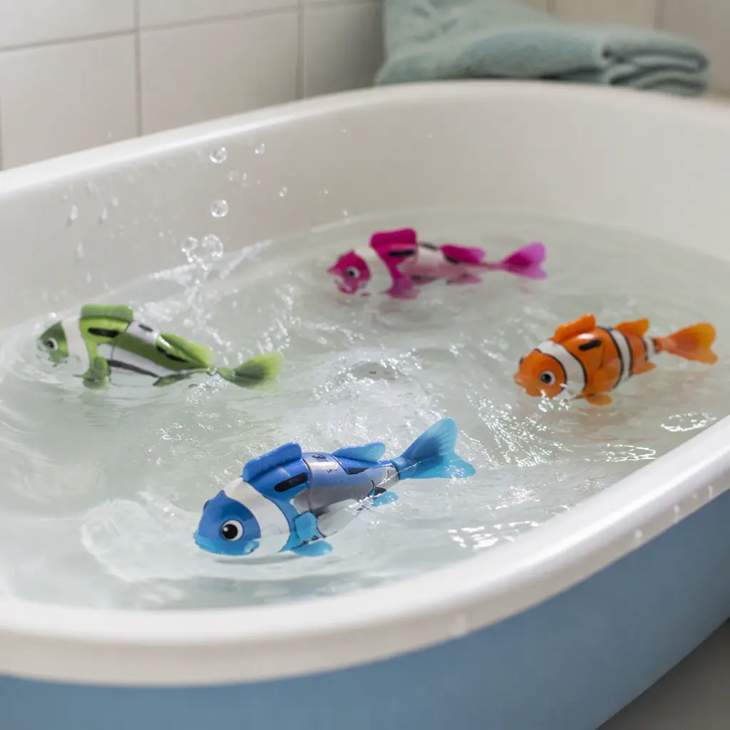 Several robotic fish toys swimming through shallow bath water