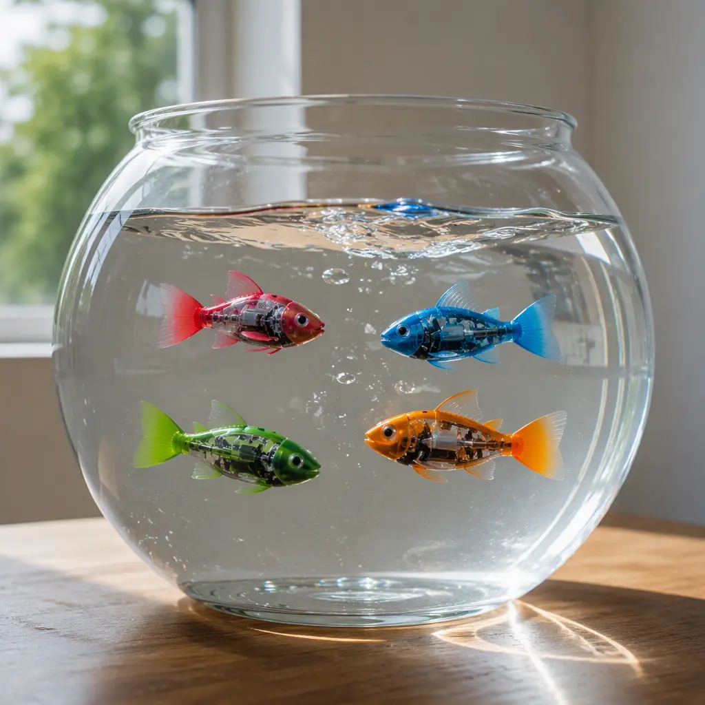 Small robotic fish toys swimming in a clear bowl of water with realistic motion and colorful fins