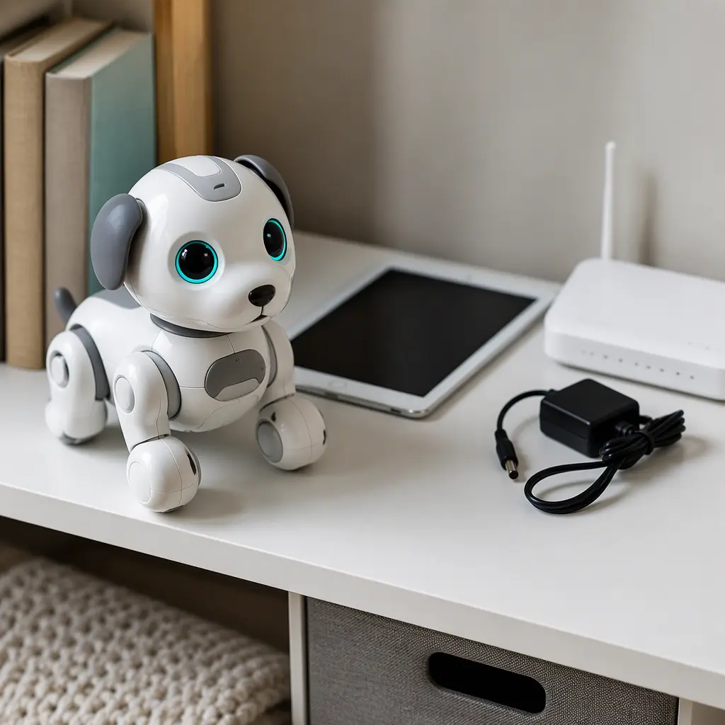 Robot pet toy beside disconnected technology in a home setting