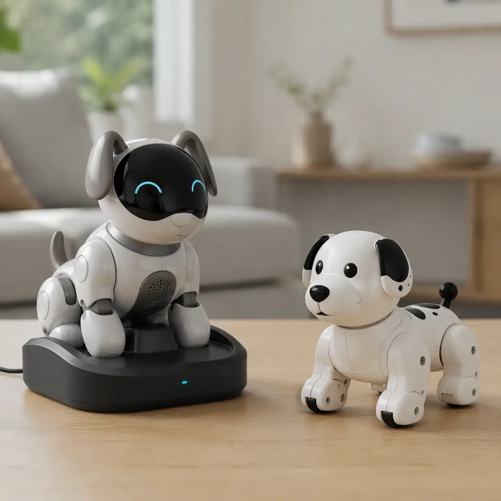 Connected AI robot pet compared with a simpler robotic toy